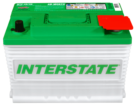 A green and white Interstate Automotive Battery with a red cap on top.