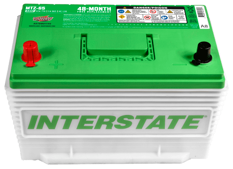 Interstate AGM Battery, label reads MTZ-65 48 month warranty, has green top with white case