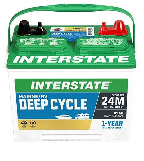 Battery with white case and green top. Says Interstate Marine/ RV Deep cycle on front.