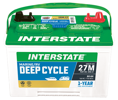 Battery with white case and geren top. Says Interstate Marine / RV Deep Cycle on front.