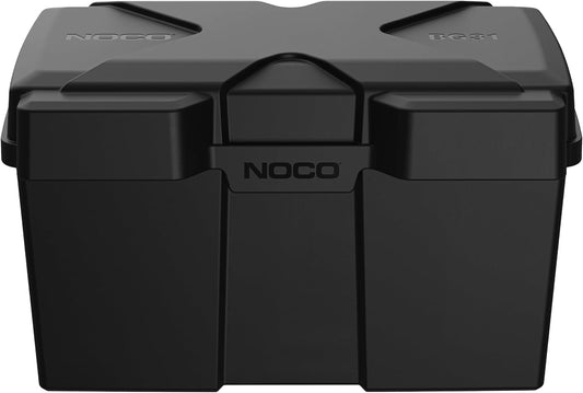 A black Noco Snap-Top BG31 Battery Box designed for holding 24-31 batteries, featuring a robust, heavy-duty structure with a snap-top lid.