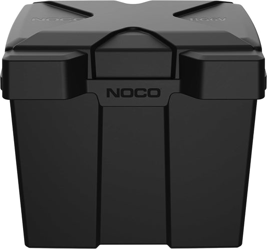 Black NOCO Snap-Top BG6V Battery Box designed for 6V batteries, featuring a robust, heavy-duty structure with reinforced design and snap-top lid for easy installation.