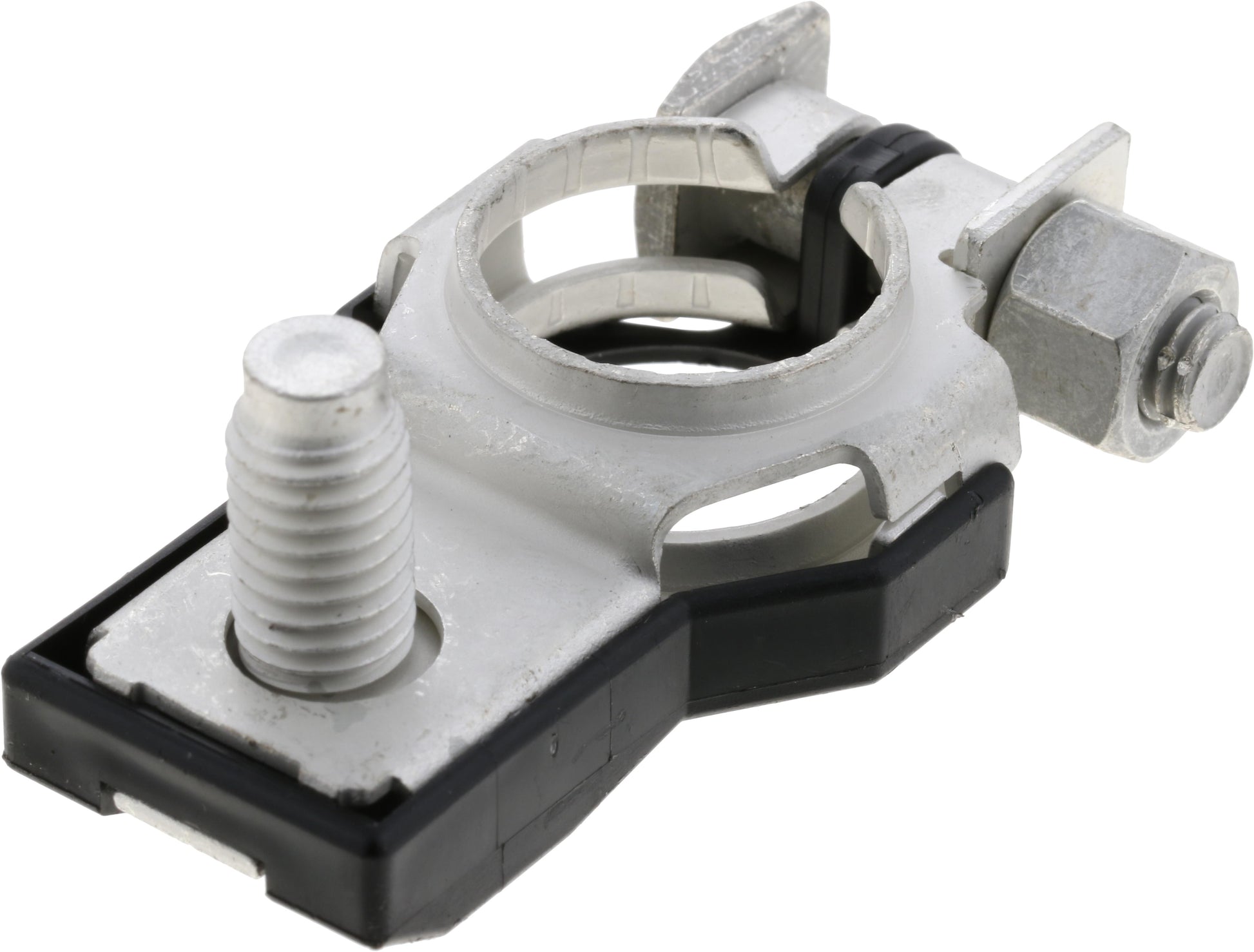 A silver battery terminal replacement with black accents, designed for a vehicle.
