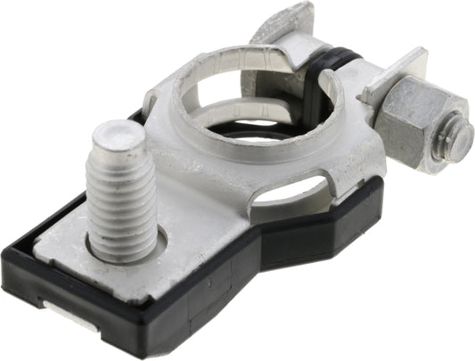 A silver battery terminal replacement with black accents, designed for a vehicle.