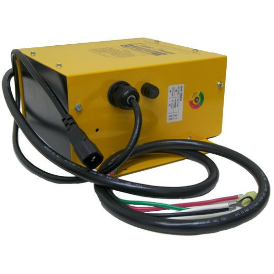 An industrial battery charger with a yellow top, black body, and multiple cables attached.