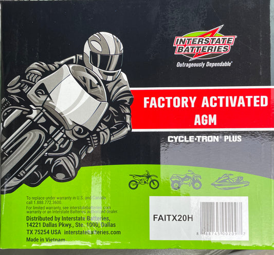 Packaging for Interstate Batteries factory activated AGM Cycle-tron Plus, featuring a motorcycle and rider graphic