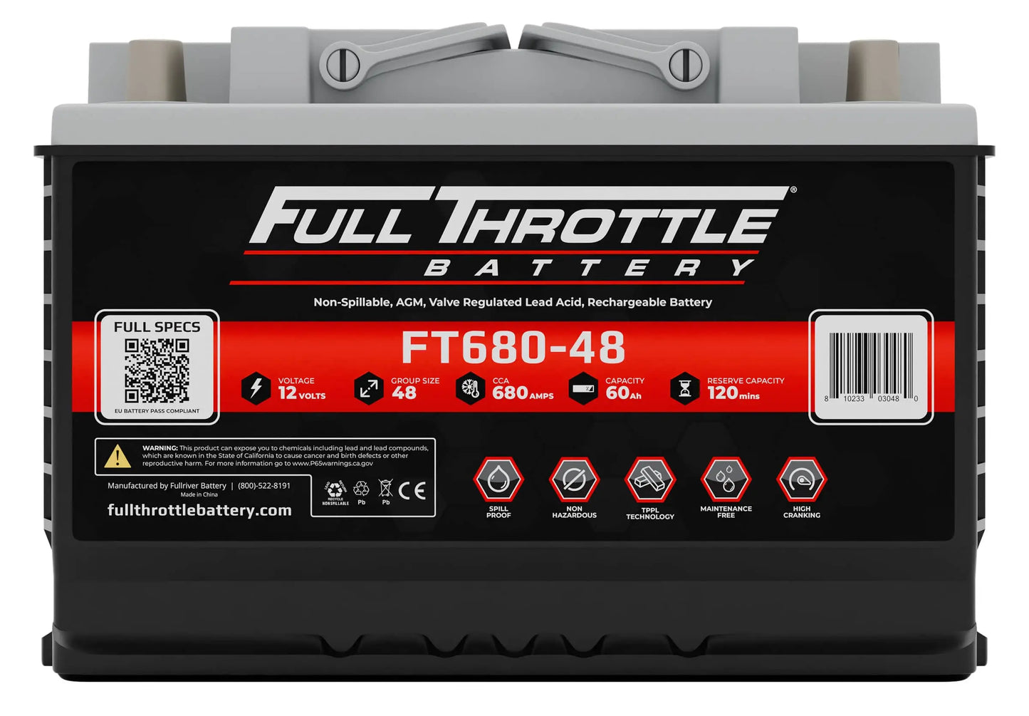 Full Throttle FT680-48 Pure Lead AGM Battery 680 CCA Group Size 48/H6