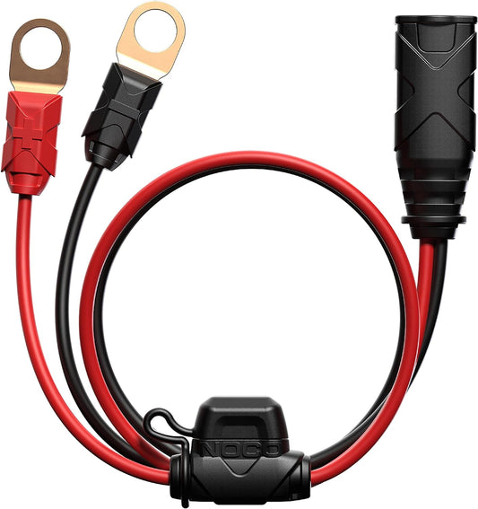 A NOCO 3/8" Eyelet Terminal Connector with red and black wires and a black plastic connector housing.