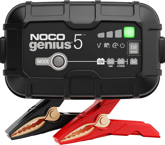 Top photo of noco genius 5 charger, black and red battery clamps