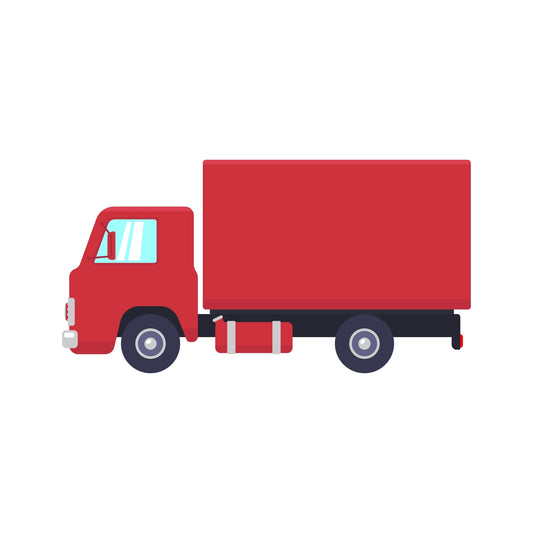 A red delivery truck with a white cabin and a red trailer.