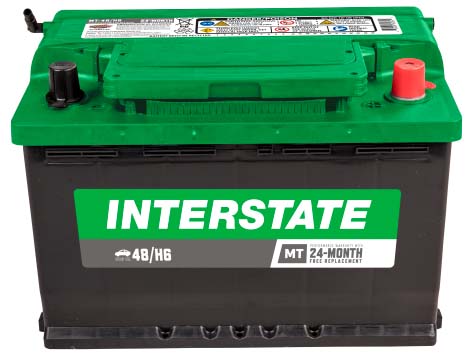 A black and green Interstate Megatron MT-48/H6 SLI Battery with visible branding and part number.