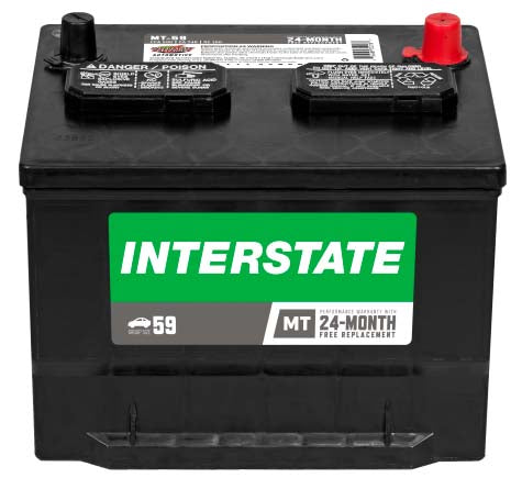 Black automotive battery with Interstate label