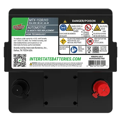 Interstate AGM Battery MTX-153R/H3 Group H3 420 CCA