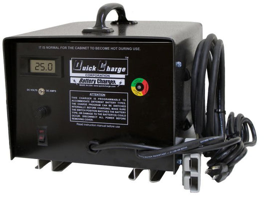 A black Quick Charge battery charger with a digital display showing 25.0 amps, multiple connectors, and a red power button.