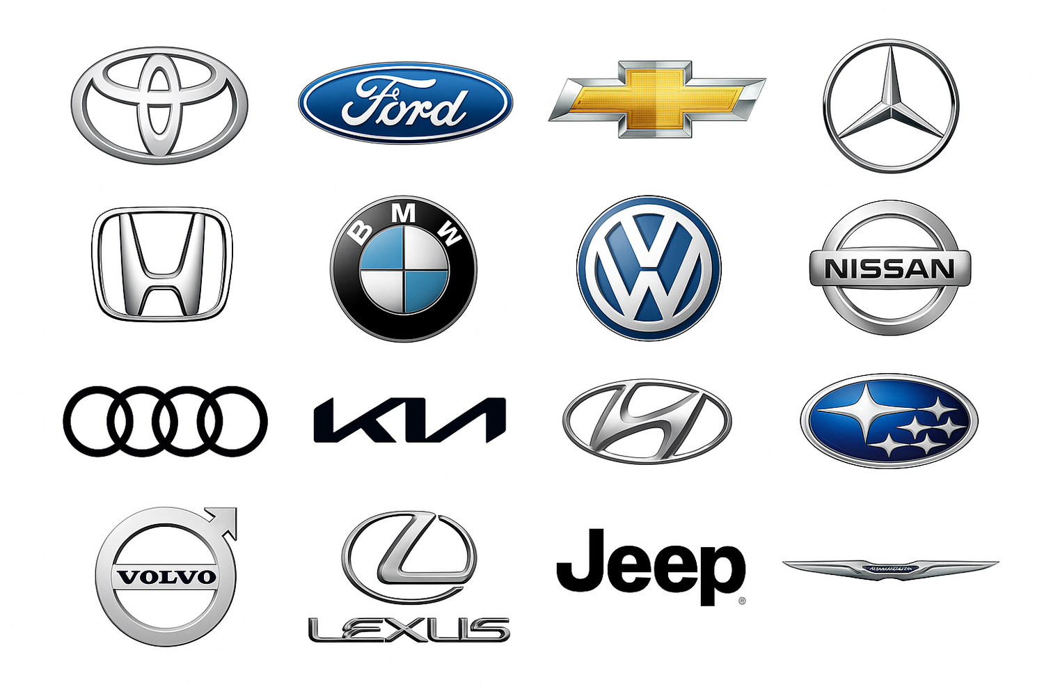 Logos of car manufacturers. Toyota, Ford, Chevrolet, Mercedes, Honda, BMW, VW, Nissan, Audi, Kia, Hyundai, Suabru, Volvo, Lexus, Jeep, Chrysler