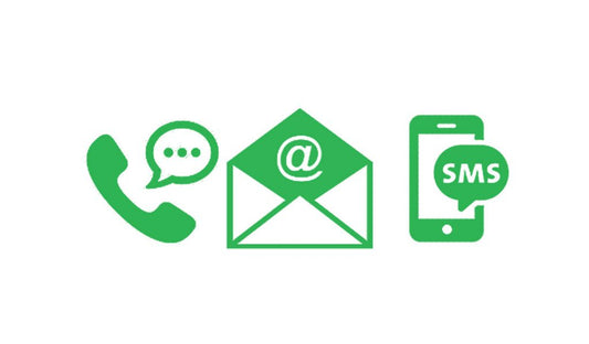 Green icons of a phone, envelope, and smartphone on a white background