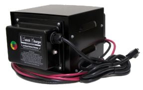 A black on-board 48V 40A battery charger with cables and a digital display, built in the USA.