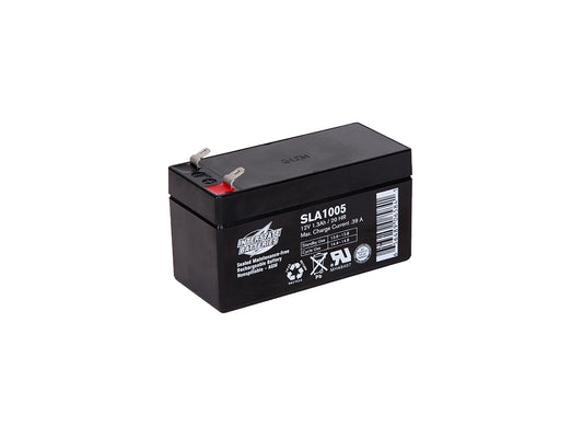 A black sealed lead acid battery with red and black terminals, labeled as a 12V 1.3ah battery.