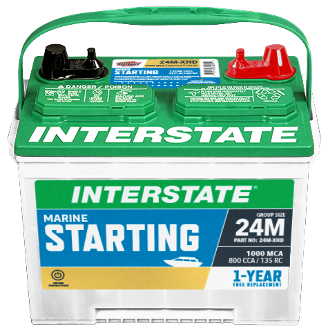 Battery with Interstate Marine Starting label.  automotive post with another stud terminal.