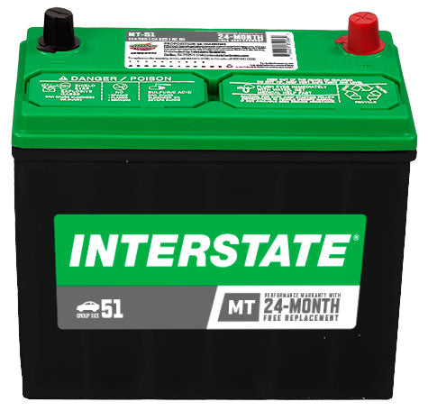 black battery with green top, Interstate labels.