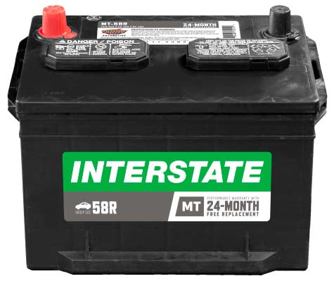 Black automotive battery wtih Interstate label