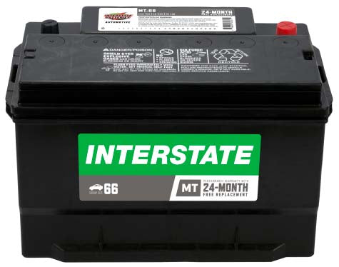 All black battery with recessed terminals, Interstate label