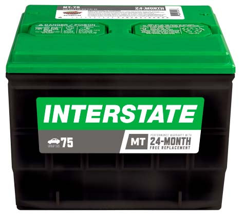 Black battery with green top, Interstate label, side terminals