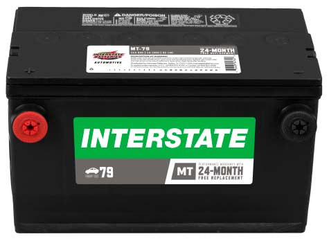 Black battery, side terminals, Interstate label