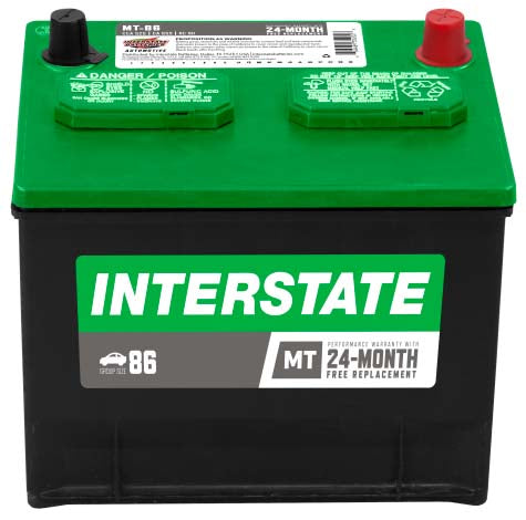 Car battery, black case green top, Interstate label