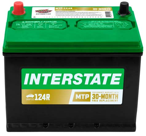 Black battery with geren top, Interstate label