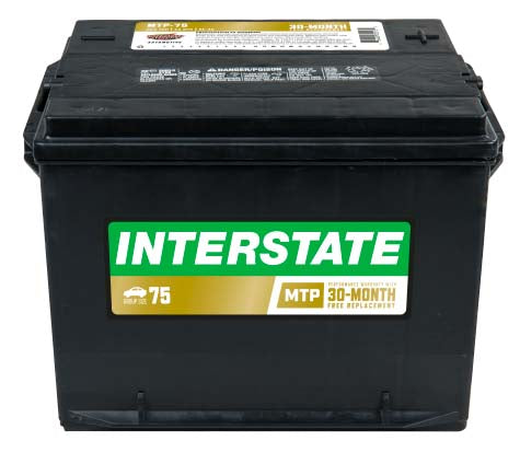 Black battery with side terminals and Interstate label