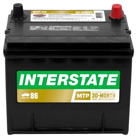 Black car battery with Interstate label