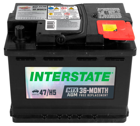 Black sealed battery with Interstate label.