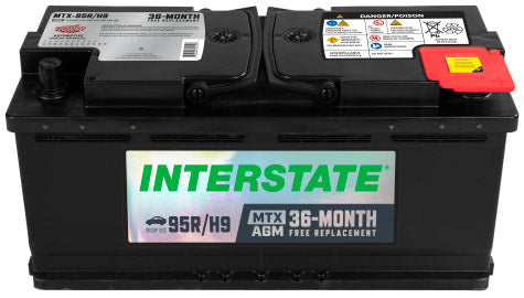 Car battery with black case, silver Interstate label