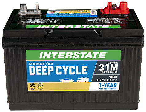 All Black battery, Reads Marine / RV deep cycle on front