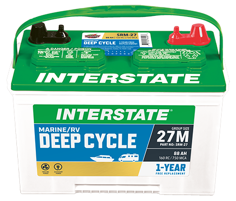 Battery with white case and geren top.  Says Interstate Marine / RV Deep Cycle on front.